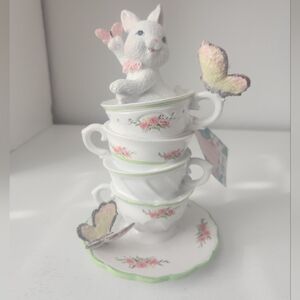 Adorable Glitter Easter Bunny in Stacked Teacup With Butterflys 7 In Figurine